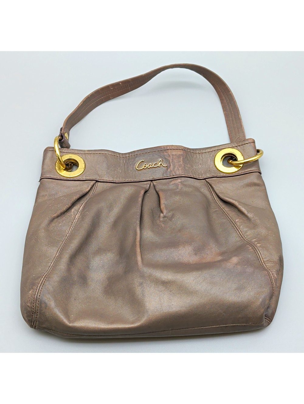 Coach Women’s Brown Shoulder Bag Gold Hardware Grommets Pleated Lined Pockets